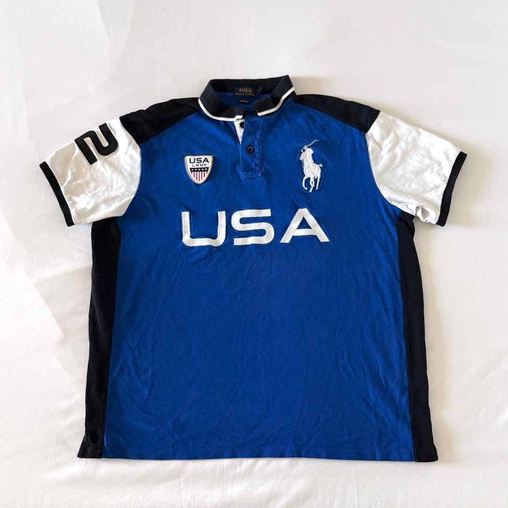 Polo Ralph Lauren Big Pony USA Polo Shirt Mens XXL Blue Colorblock Vintage